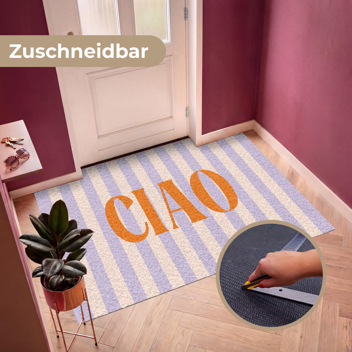 FUSSMATTE Ciao - Zitat - Pastell - Streifen Schmutzfangmatte 180x120 cm - Flieder, Kunststoff (180/120cm) - MuchoWow