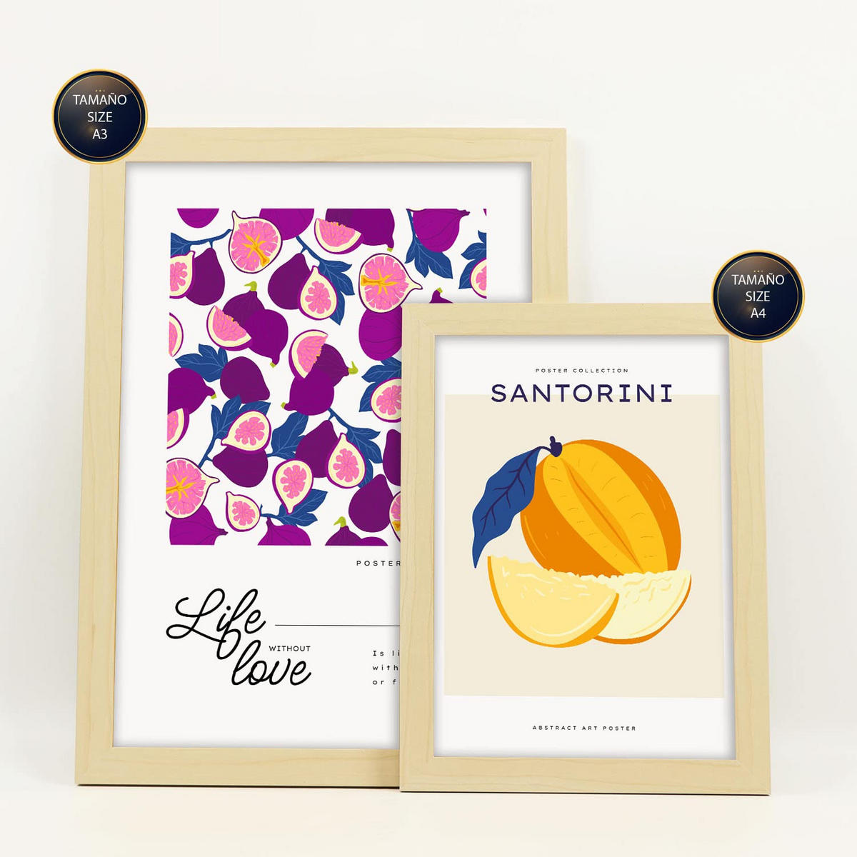 POSTER Set Mit 6 Lebensmittel Und Ernährungs Süße Früchte A3 & A4 Rahmen Aus Hellem Holz - Beige, Papier (29/3cm) - Nacnic