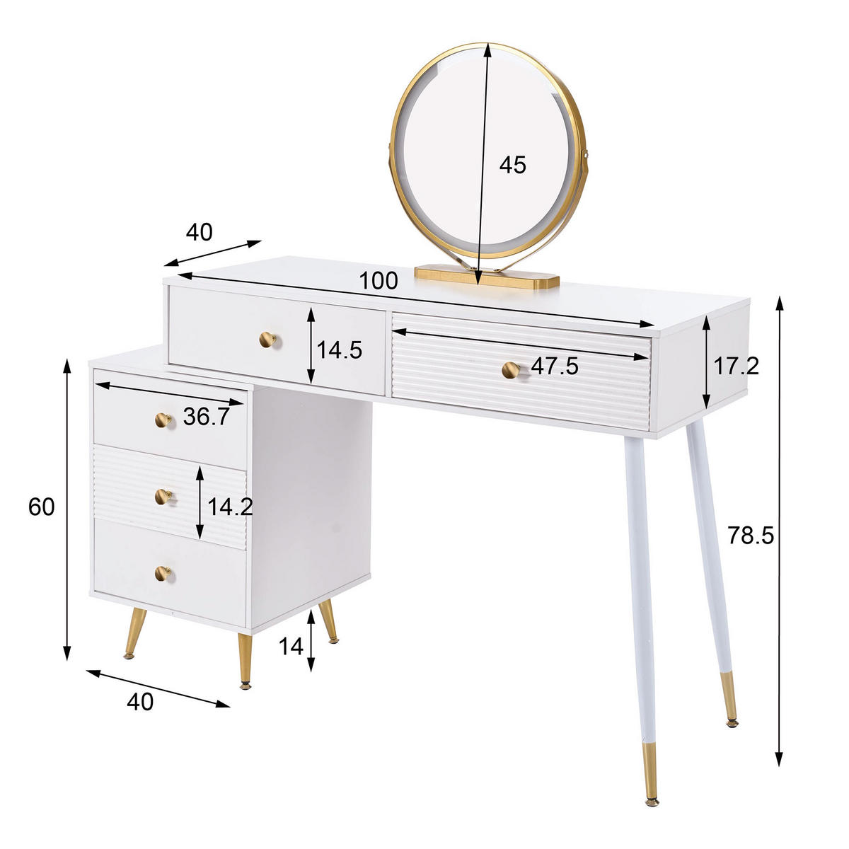 SCHMINKTISCH in Weiß Frisiertisch-Set mit LED Spiegel verstellbarem Seitenschrank ausziehbar , B100/T40/H78cm - Goldfarben/Weiß, Holzwerkstoff/Metall (100/78/40cm) - STILVORA