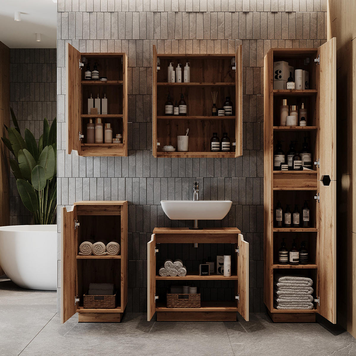 KOUPELNOVÝ NÁBYTEK Lotta Dubový/kašmírový pruhovaný - kašmírová/barva dubu, kompozitní dřevo (59.8/62.1/32cm) - Vicco