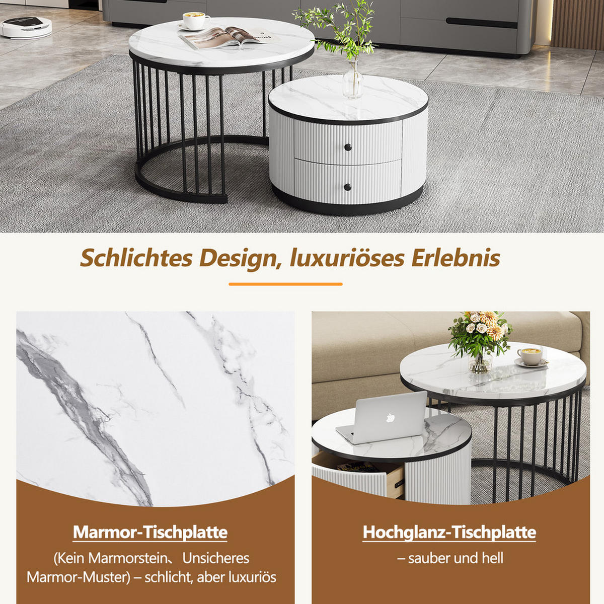 COUCHTISCH SET 2-TEILIG Nestform Hochglanz Marmoroptik 2 Schubladen - Weiß, Holz (68.58/68.58/38.99cm) - FLIEKS