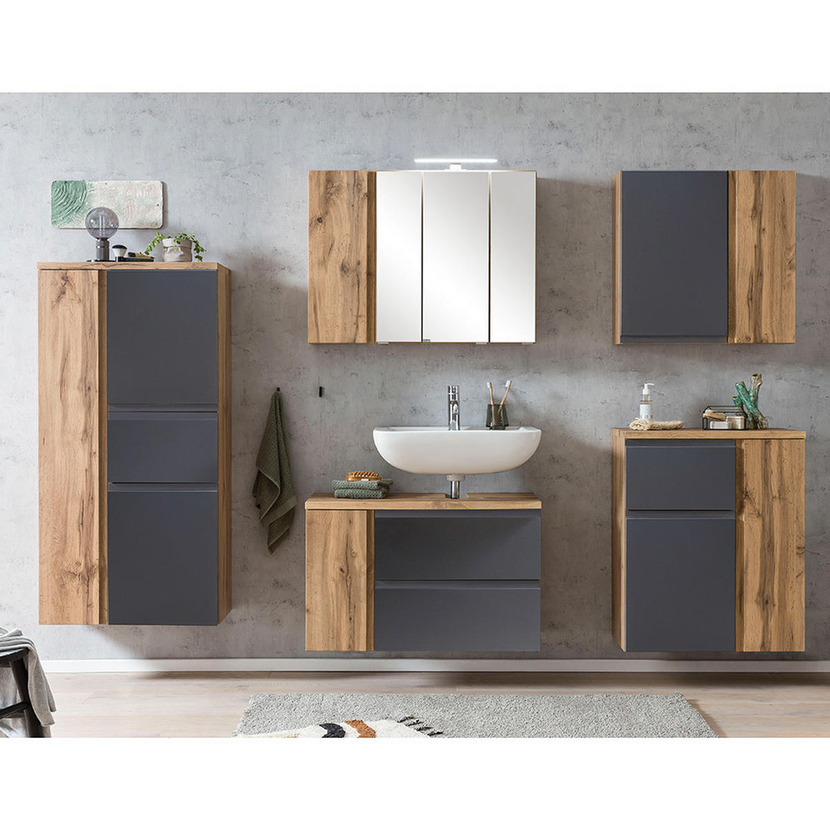 BADMÖBEL-SET 5-TLG. Vasto-03 - Grau, Holzwerkstoff (245/200/35cm) - Lomado