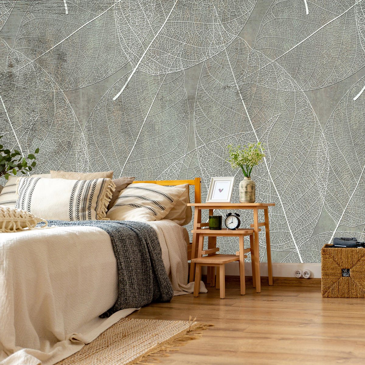 FOTOTAPETE für Wohnzimmer Weiße Blätter auf Beton Minimal 250x175 - Weiß/Grau, Papier (250/175cm) - Muralo