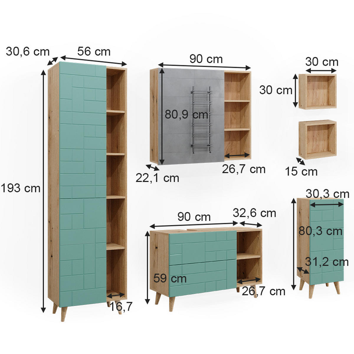 BADMÖBEL-SET Rudi Mintgrün 6 Teile, mit Hochschrank - Eichefarben/Mintgrün, Holzwerkstoff (90/59/32cm) - Vicco