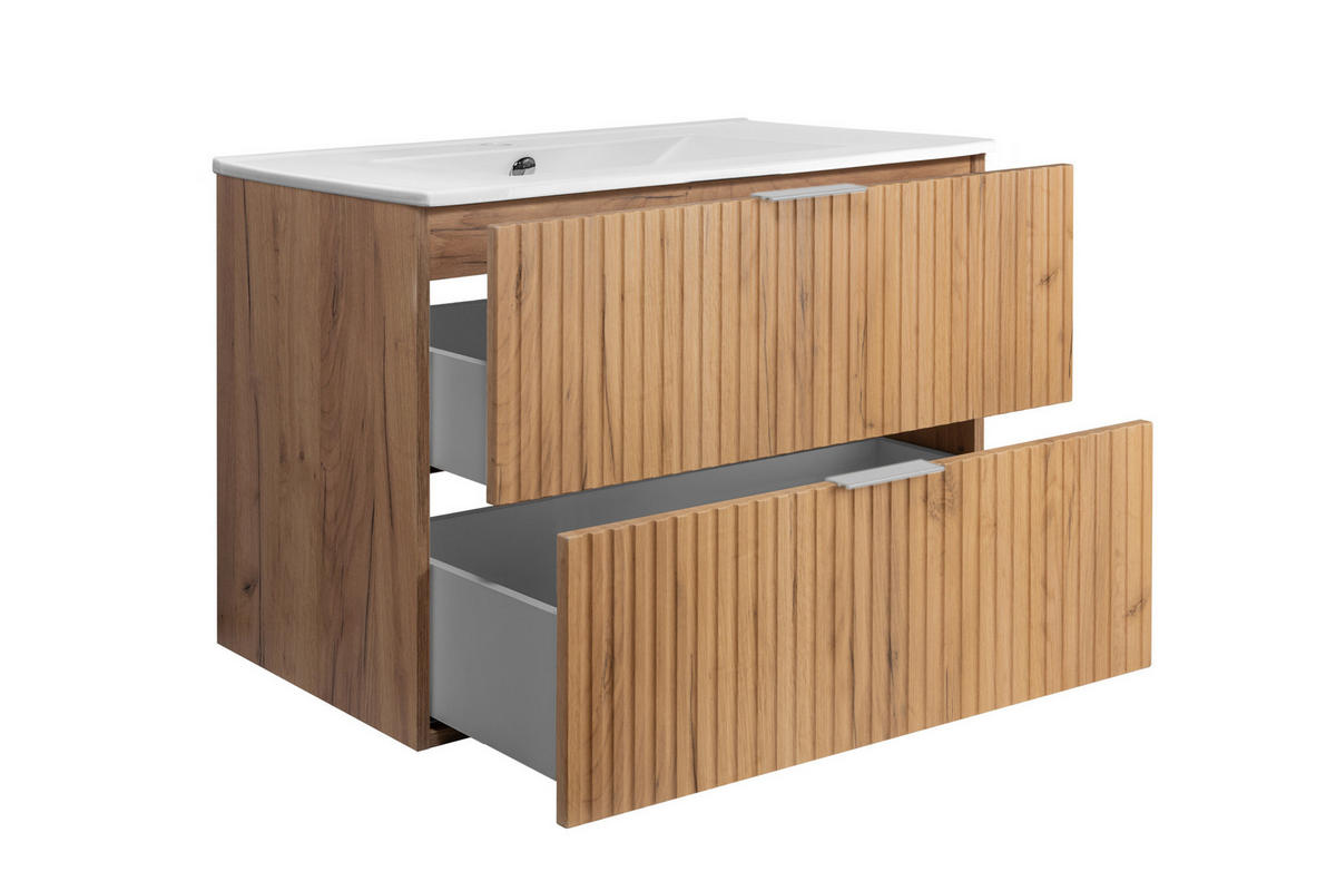 WASCHBECKUNTERSCHRANK, Eiche Craft, 80 x 57 x 46 cm, Griff silber, ohne Arbeitsplatte - Eichefarben/Silberfarben, Holzwerkstoff (80/57/46cm) - 3XE LIVING
