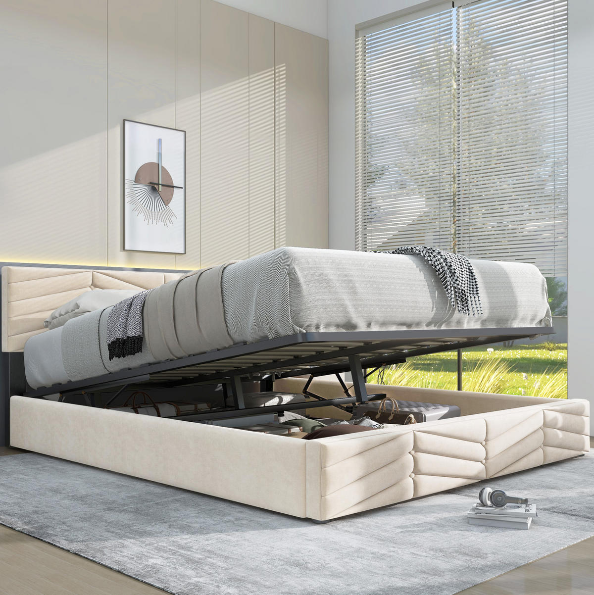 POLSTERBETT 140/200 cm beige mit höhenverstellbarem Kopfteil und Lattenrost - Beige, Textil (140/200cm) - OKWISH