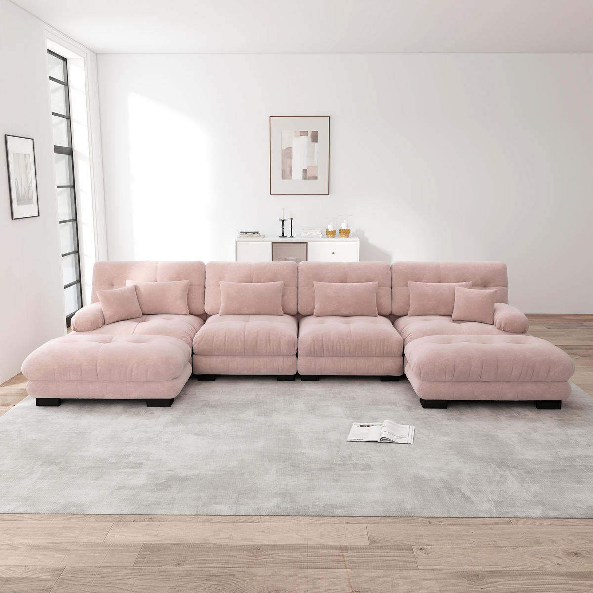 WOHNLANDSCHAFT Chenille Pink mit beweglichen Ottomane - Rosa, Textil (406/81/145cm) - WISHDOR