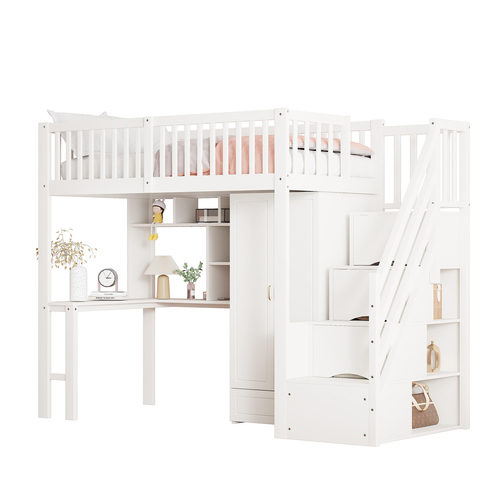HOCHBETT 90/200 cm Weiß mit Kleiderschrank Tisch Stauraum Treppe aus Holz - Weiß, Holz (90/200cm) - OKWISH