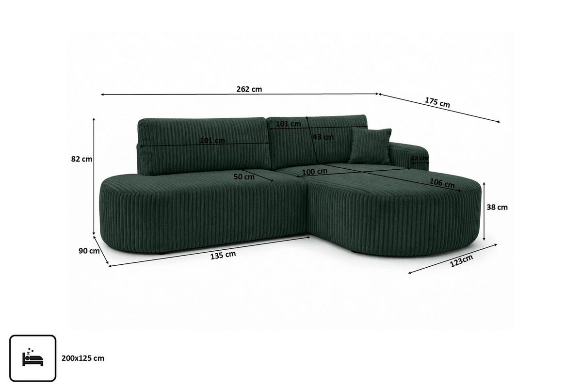 ECKSOFA Mit Schlaffunktion Und Bettkasten, Cordstoff Tilia, Grün, Rechts, ROUND ONE OPEN XL - Grün, Holz (262/175cm) - Kaiser Möbel