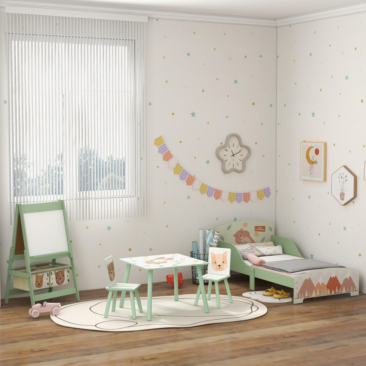 KINDERBETT 140x70 cm DE-14636 mit Sicherheitsbarrieren, Tiermotiv Grün - Grün, Holzwerkstoff (70/140cm) - ComfortXL
