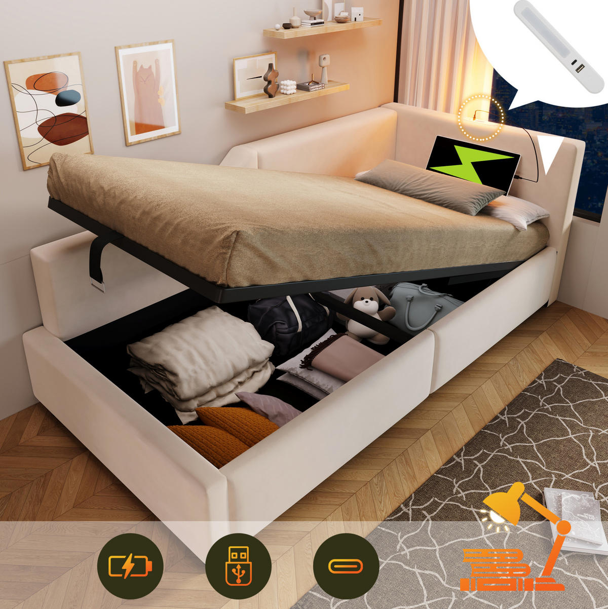 ČALÚNENÁ posteľ z velúru, 203/70/98 cm béžová, s úložným priestorom, USB-C a lampou - béžová, textil (90/190cm) - BEAOK