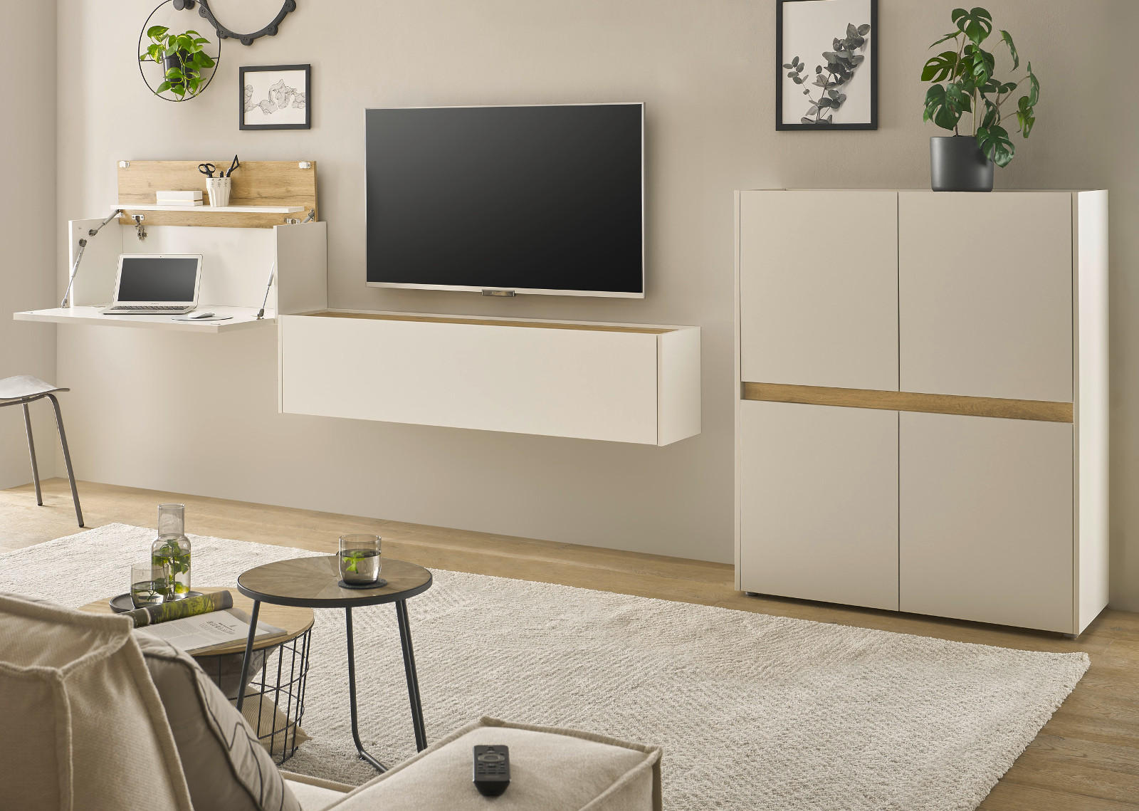 WOHNWAND weiß, Eiche Wotan 370 cm, Wohnkombination mit Sekretär - Eiche Wotan/Schwarz, Holz/Holzwerkstoff (370/122/40cm) - Furn.Design