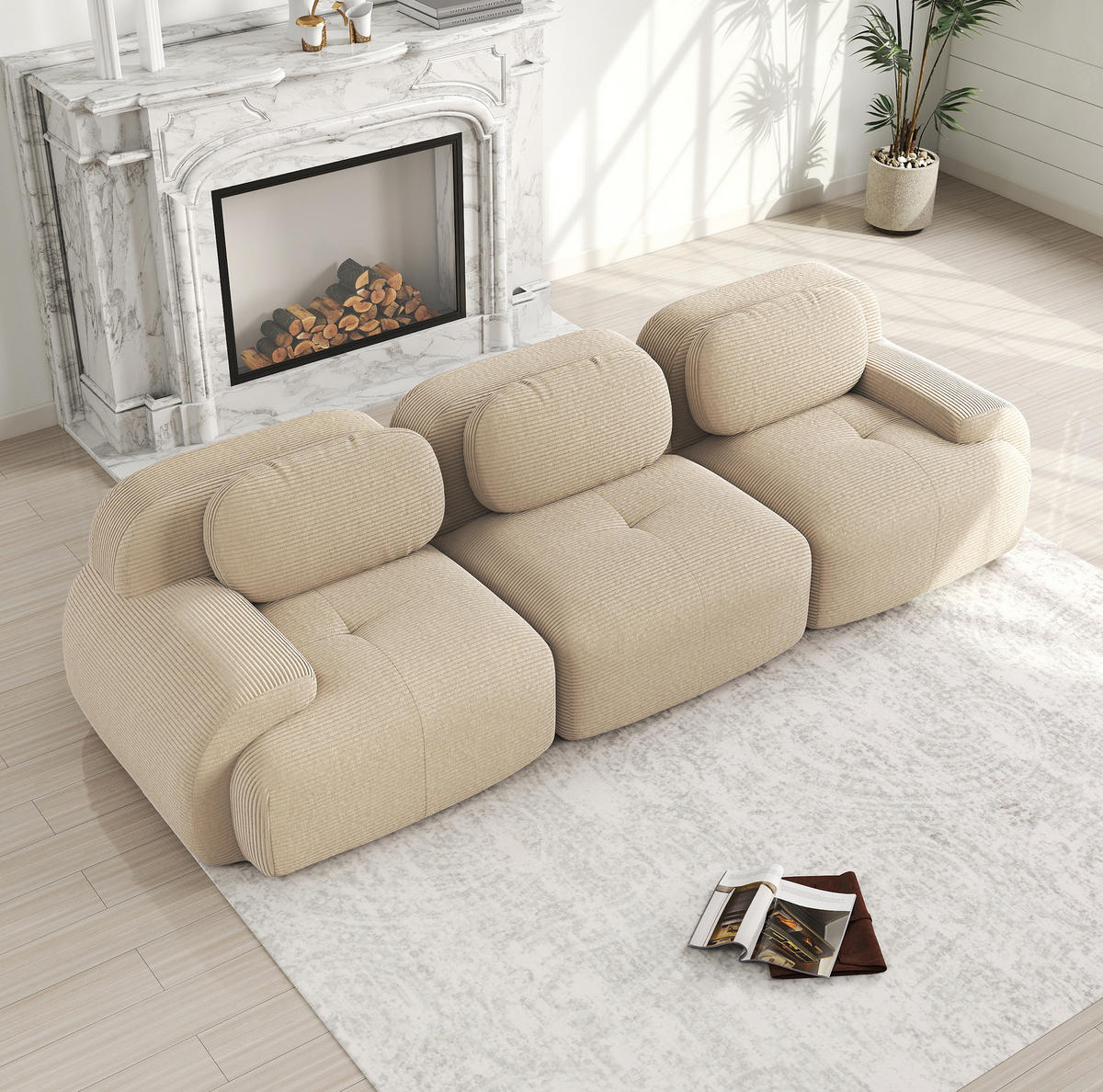 SOFA modular rahmenlos Cord Beige 3-Sitzer - Beige, Kunststoff (103/75/298cm) - Meubliv