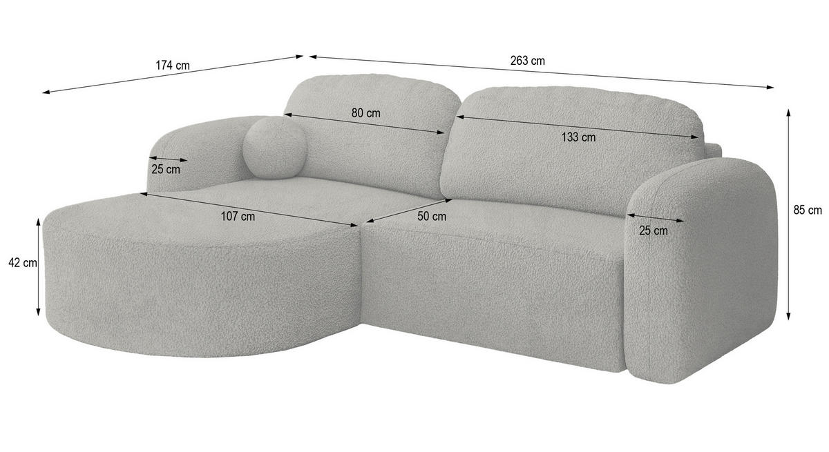 ECKSOFA AMILIA L-S Beige Boucle-Stoff mit Schlaffunktion - Beige, Holz (263/174cm) - MASSENO