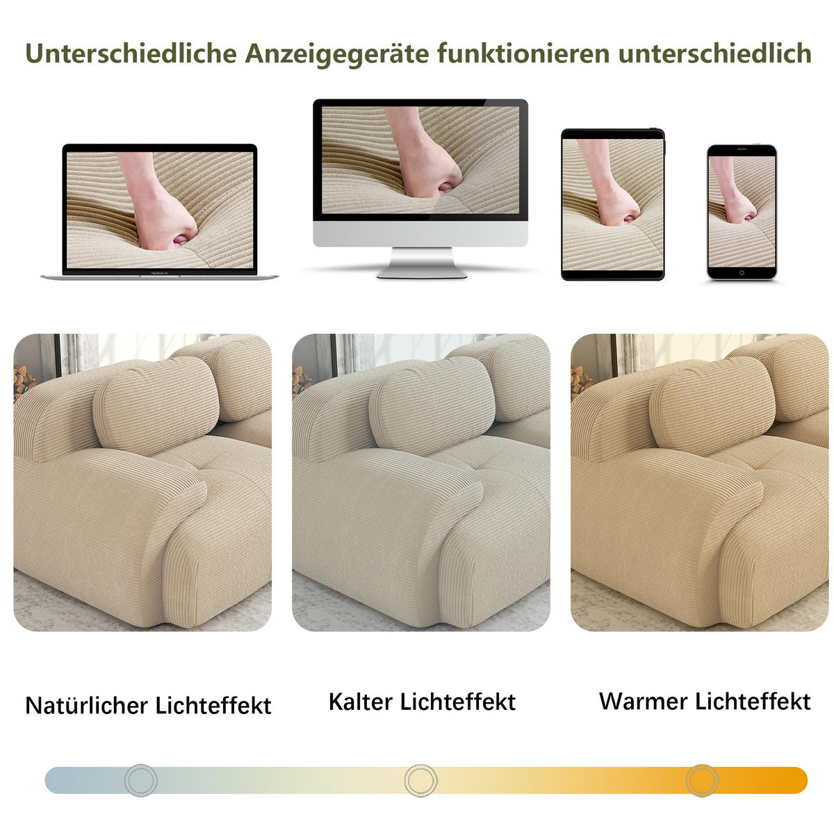 SOFA 388/103/70 cm in Beige aus Cord mit modularer Form und ohne Montage - Beige, Textil (103/70/388cm) - Flora Grace