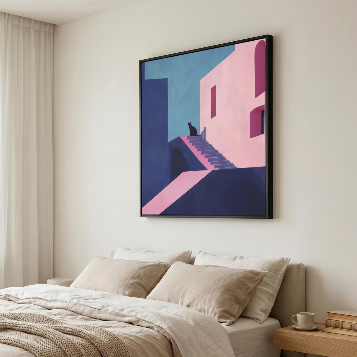 LEINWAND Bilder mit Rahmen - Katze - Treppe - Gebäude - Schattenkontraste - 90x90 - Dunkelblau, Textil (90/90cm) - MuchoWow