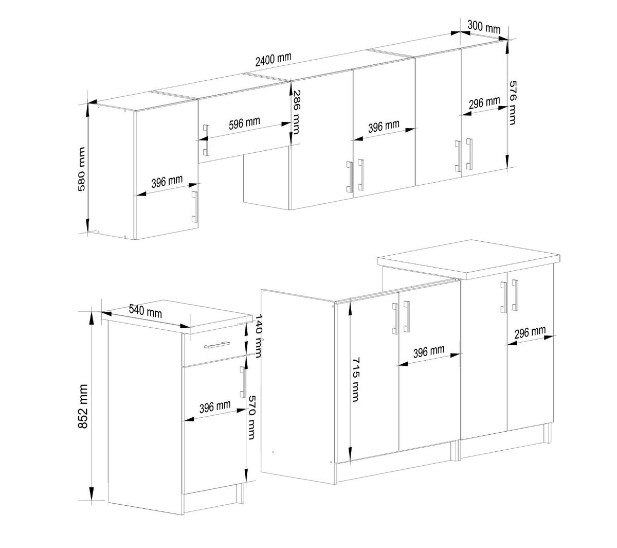 KÜCHENMÖBEL-SET Weiß, Sonoma Eiche 240x203x44,5 cm - Silberfarben/Weiß, Holzwerkstoff/Kunststoff (240/203/44.5cm) - Akord
