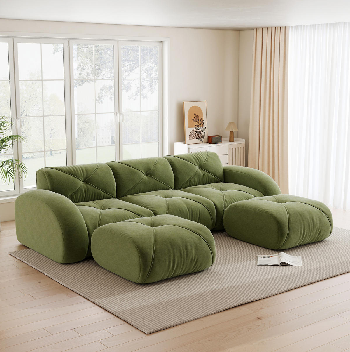 WOHNLANDSCHAFT Grün aus Chenille mit Hockern und rahmenlosem Design - Grün, Textil (171/76/281cm) - Flora Grace