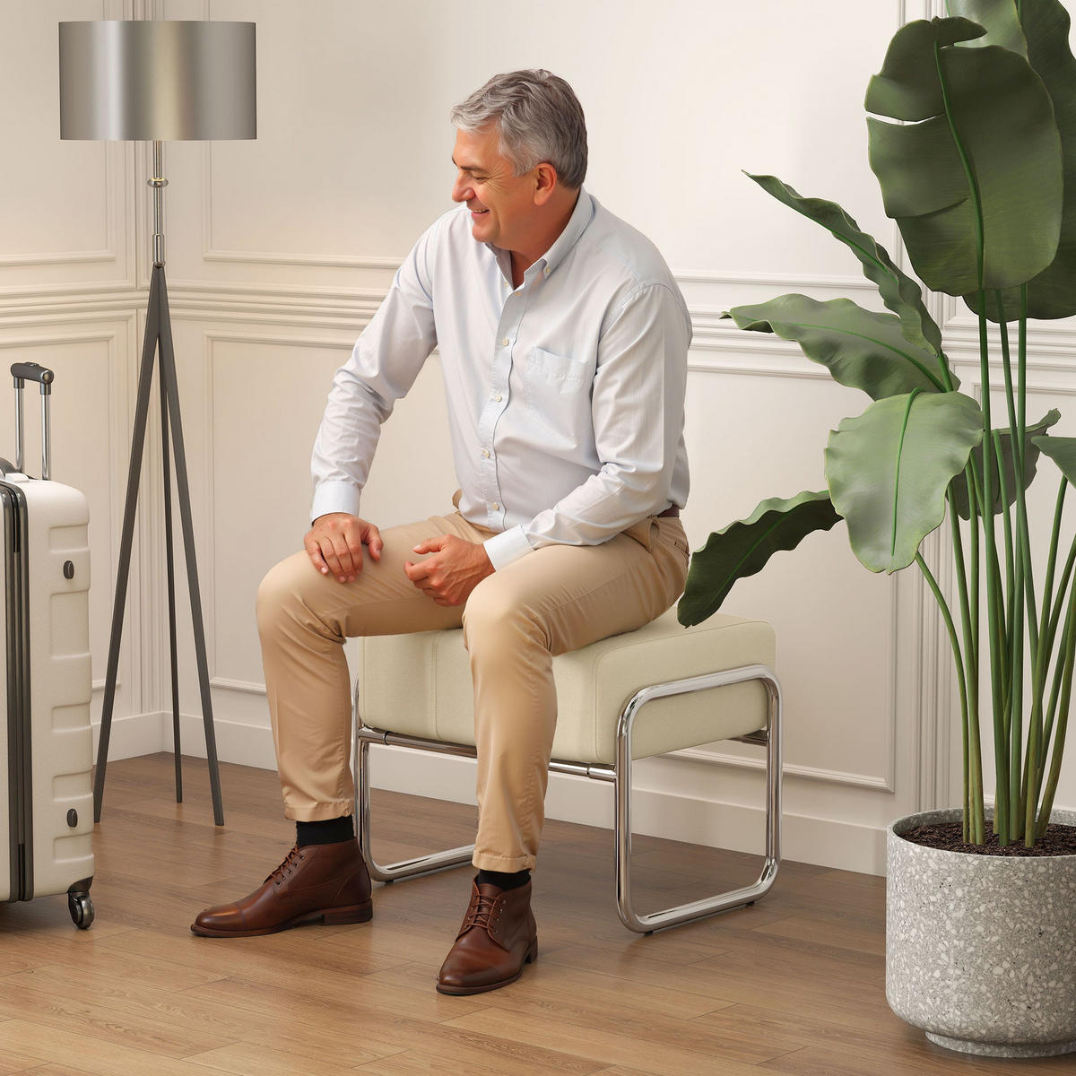 FUSSHOCKER Sitzhocker Dick Gepolstert Hocker mit Stahlbeinen für Schlafzimmer - Beige/Silberfarben, Textil/Metall (42/42/52cm) - HOMCOM