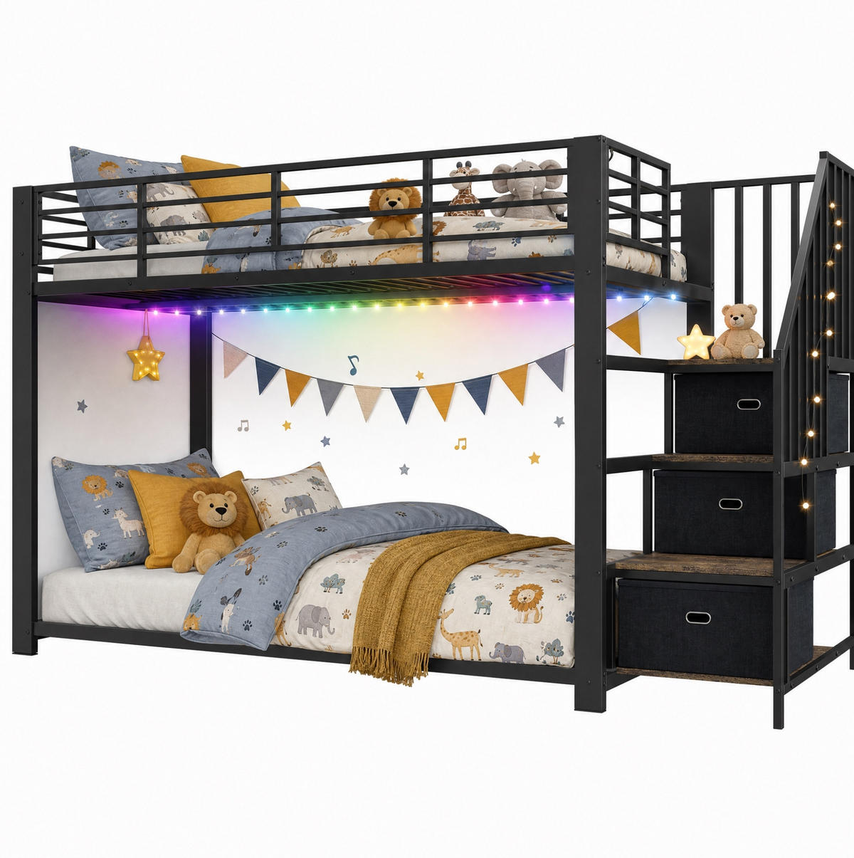 ETAGENBETT aus MDF und Metall 90x200 cm Schwarz mit Stauraumtreppe, LED-Lichtband und USB-Anschlüssen - Schwarz, Holzwerkstoff (90/200cm) - Modfu