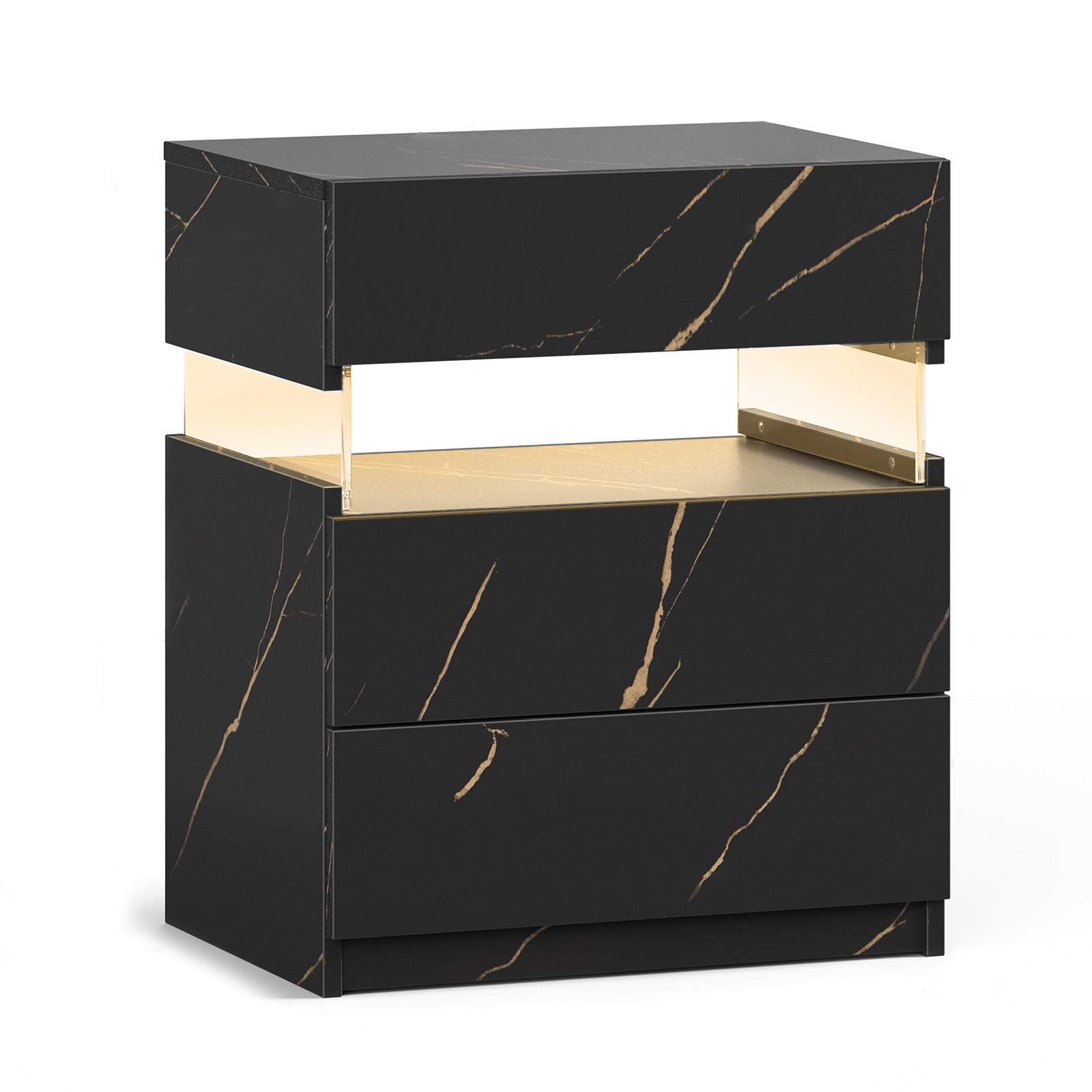 NACHTTISCH 48/38/61 cm Schwarz/Gold aus Holzwerkstoff mit LED-Beleuchtung - Schwarz, Holzwerkstoff (38/61/48cm) - OKWISH