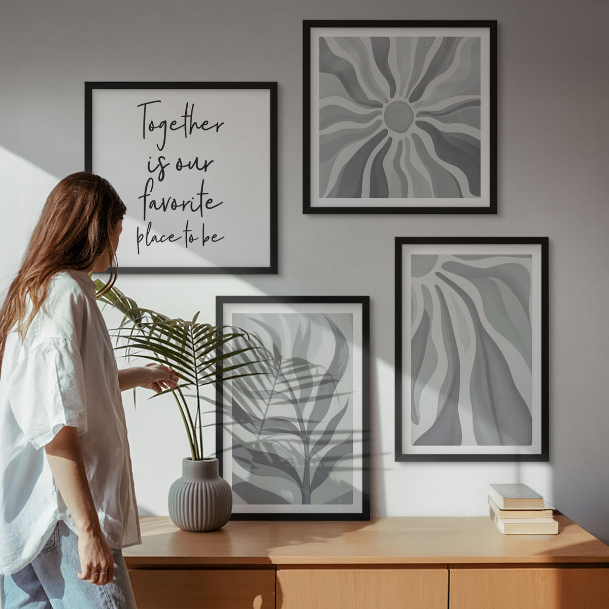 WANDBILDER 4er-Set - 50x50 cm & 40x60 cm Schwarzer Rahmen - Illustrationen mit floralen Pastellmustern - Schwarz, Kunststoff (50/50cm) - ArtPrintCave