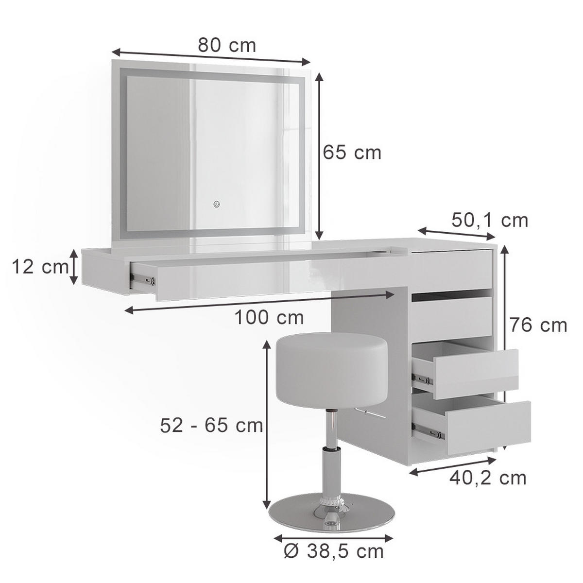 SCHMINKTISCH Sherry Weiß 100 cm 4 Teile - Weiß, Holzwerkstoff (100/12/40.1cm) - Vicco