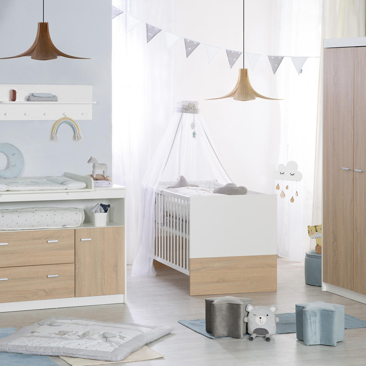 BABYZIMMER-SET Gabriella mit breiter Wickelkommode, 3-teilig - Multicolor, Holzwerkstoff (76/80/142cm) - Roba