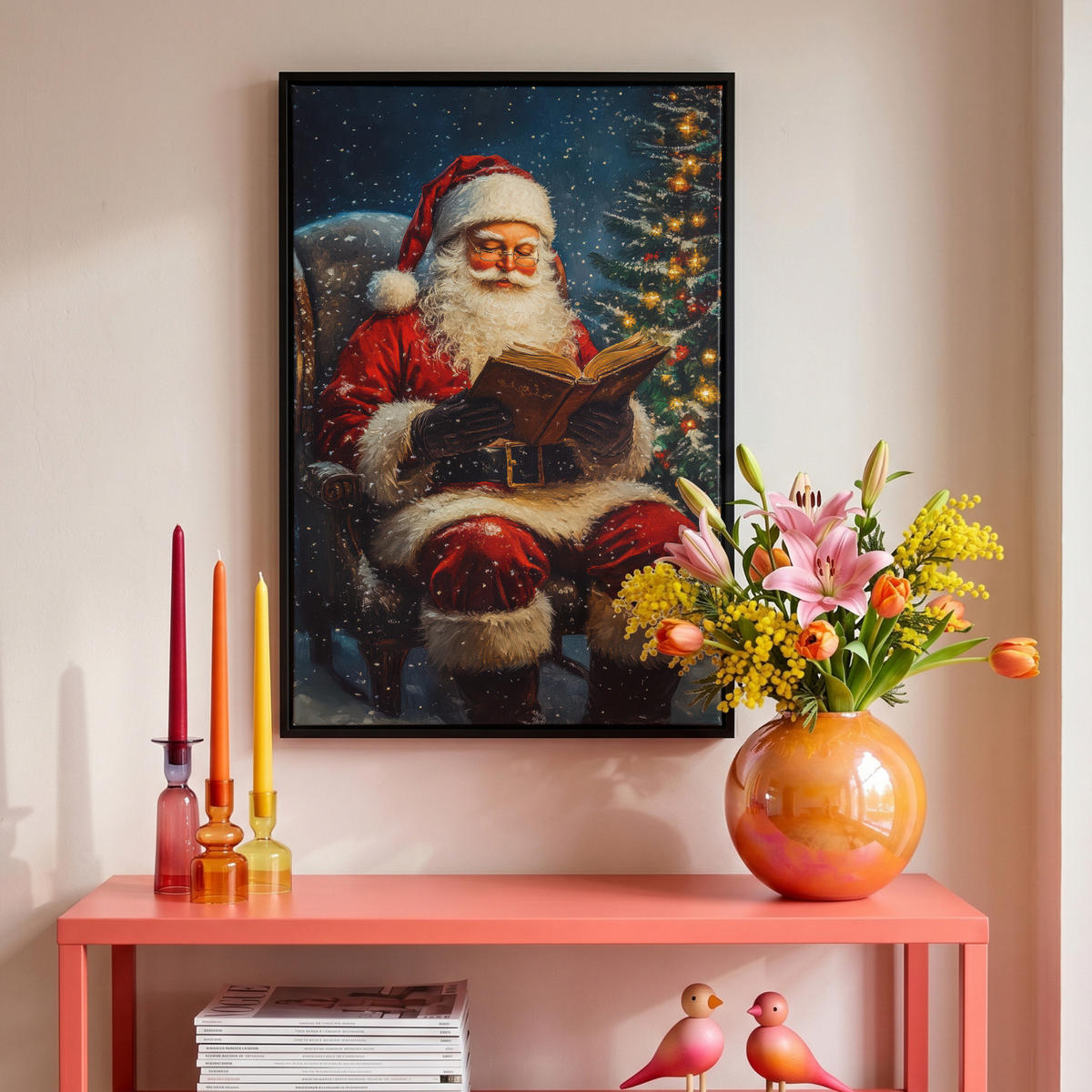 LEINWAND Bilder mit Rahmen - Weihnachtsmann - Weihnachten - Winter - Weihnachtsbaum - 40x60 - Bordeaux, Textil (40/60cm) - MuchoWow