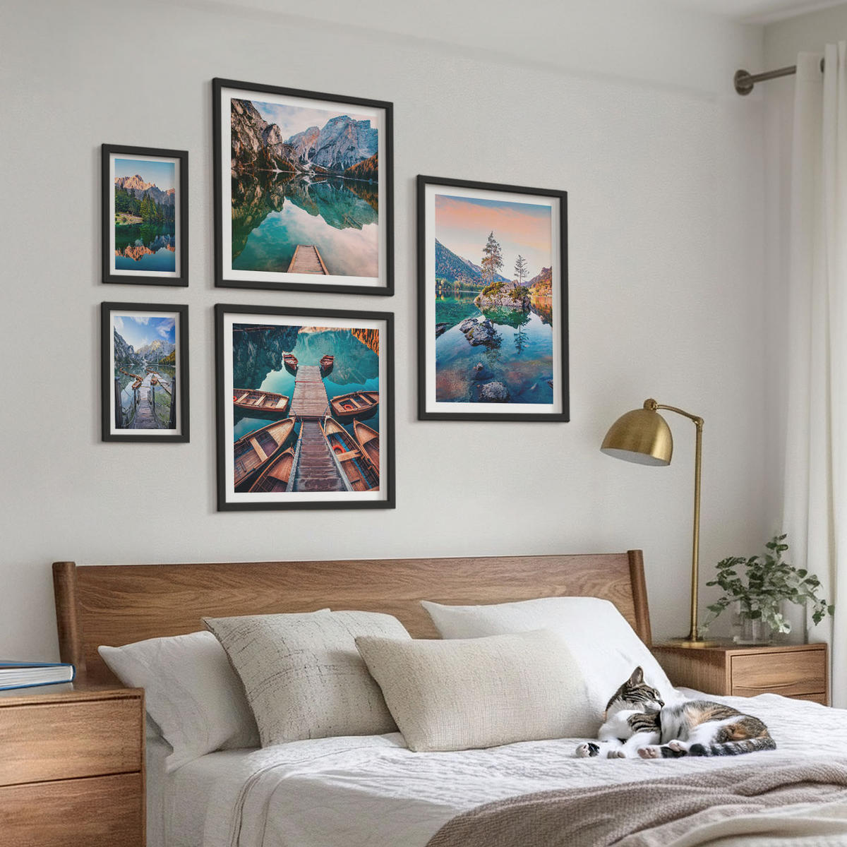 BILDER SET 5er Set - 50x50 cm & 20x30 cm & 40x60 cm Schwarzer Rahmen - Pfad Wald Wasserfall Vegetation - Schwarz, Kunststoff (40/60cm) - TULUP