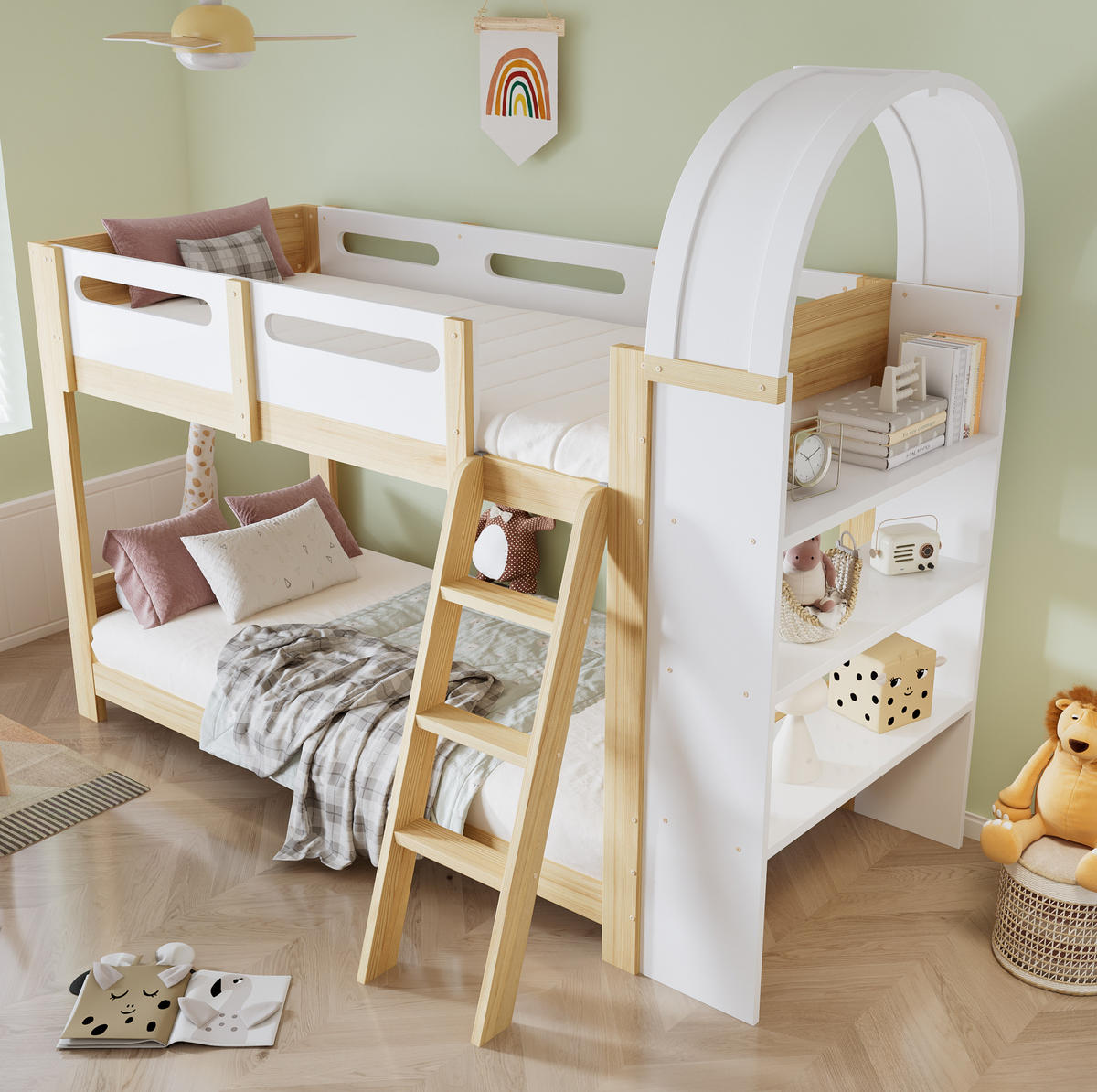 ETAGENBETT aus Kiefer und MDF 90x200 cm Weiß/Natur mit 3-stufigem Regal, Trittleiter und Bettgitter - Naturfarben, Holzwerkstoff (90/200cm) - Modfu