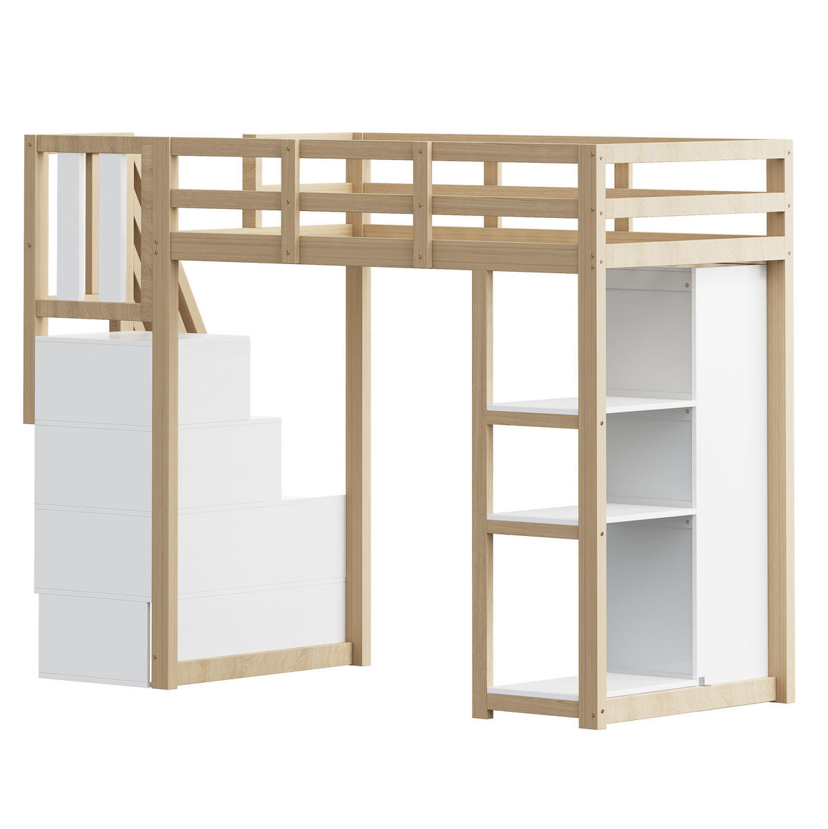 HOCHBETT 90/200 cm aus Massivholz mit Stauraumschubladen und Regal mit Matratze - Weiß, Holzwerkstoff (90/200cm) - OKWISH