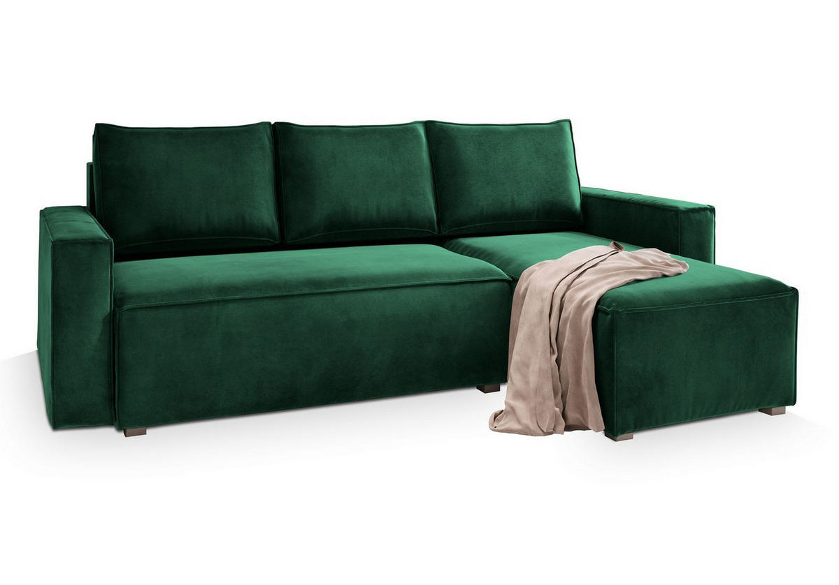 ECKSOFA SILES Grün Velours-Stoff mit Schlaffunktion - Grün, Holz (230/140cm) - MASSENO