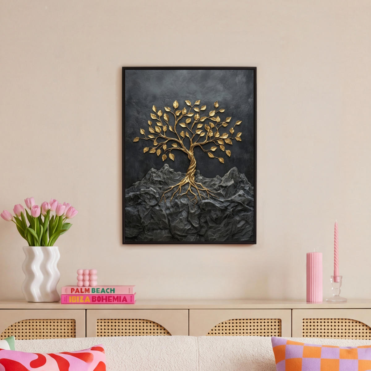 LEINWAND Bilder mit Rahmen - Blätter - Gold - Baum - Fels - 60x80 - Schwarz, Textil (60/80cm) - MuchoWow