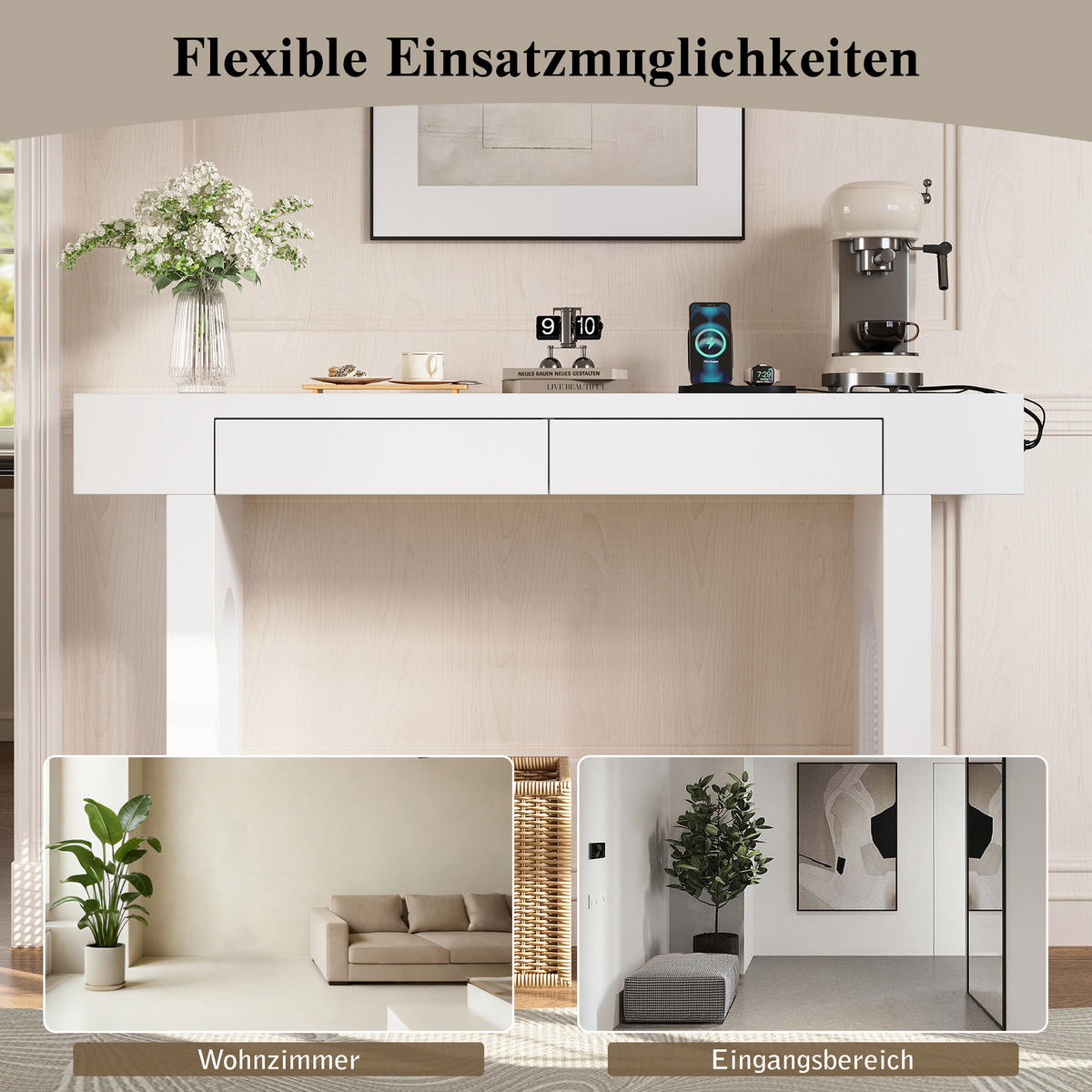 KONSOLENTISCH mit gitterdesign, 2 schubladen & integrierter steckdose - Weiß, Holzwerkstoff (35.5/120/76.5cm) - Urban Meuble