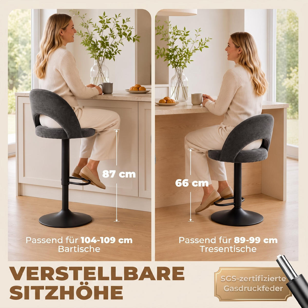 BARHOCKER 2er Set Chenille 100 Polyester Dunkelgrau - Dunkelgrau/Schwarz, Textil/Metall (48/110/49.5cm) - HOMCOM