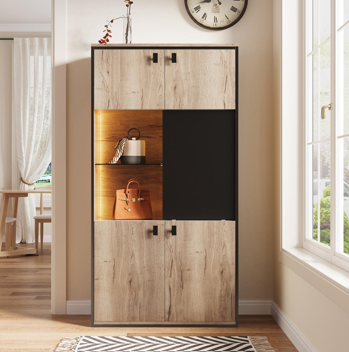 HIGHBOARD aus Holzwerkstoff 77,8/36/150 cm mit LED-Beleuchtung, Schiebetür und 3-Zonen-Stauraum, Naturfarben - Naturfarben, Holzwerkstoff (77.8/150/36cm) - Redom