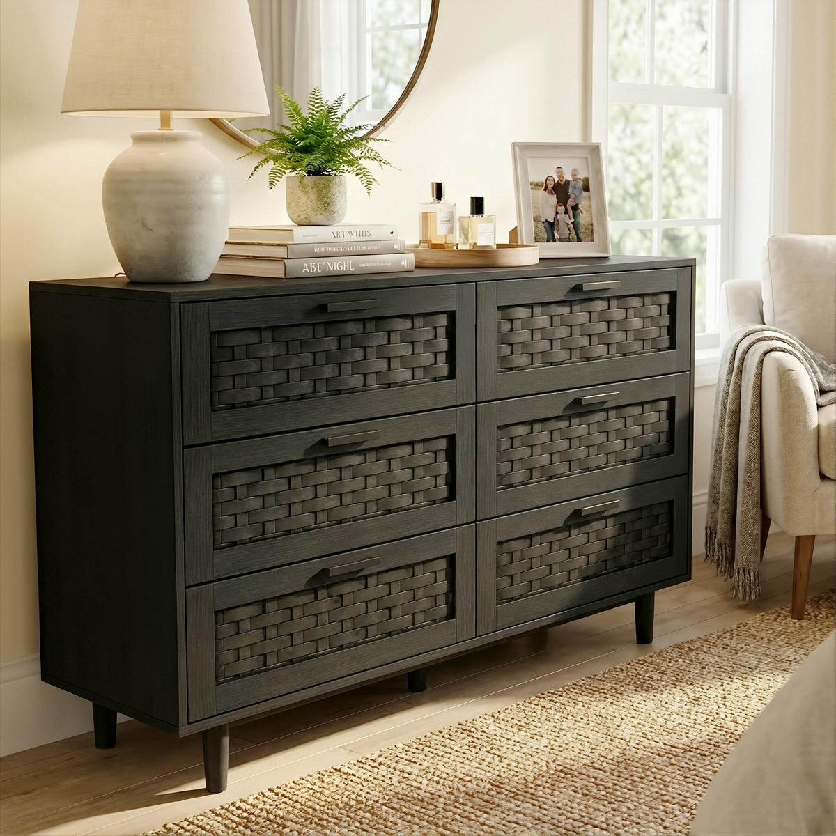 KOMMODE Japandi mit 6 Schubladen in Rattan-Optik 115/40/80 cm Schwarz - Schwarz, Holzwerkstoff (115/80/40cm) - Creahappy