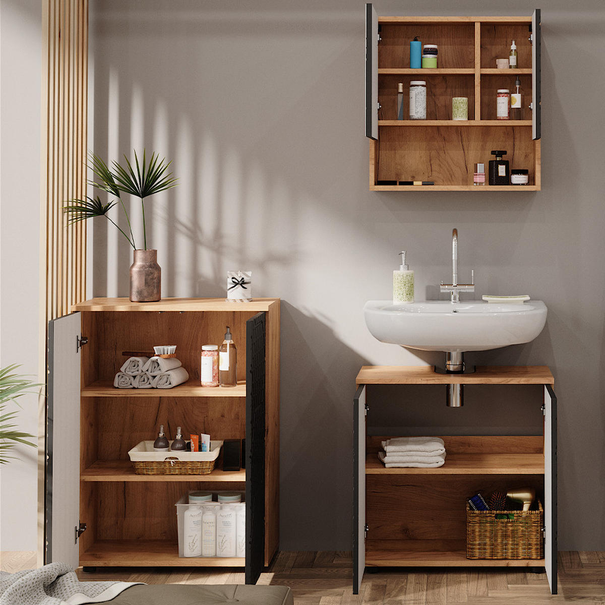 BADMÖBEL-SET Irma Anthrazit gestreift 3 Teile, mit Unterschrank 60 cm - Honigeiche/Anthrazit, Holzwerkstoff (80/58.6/41cm) - Vicco