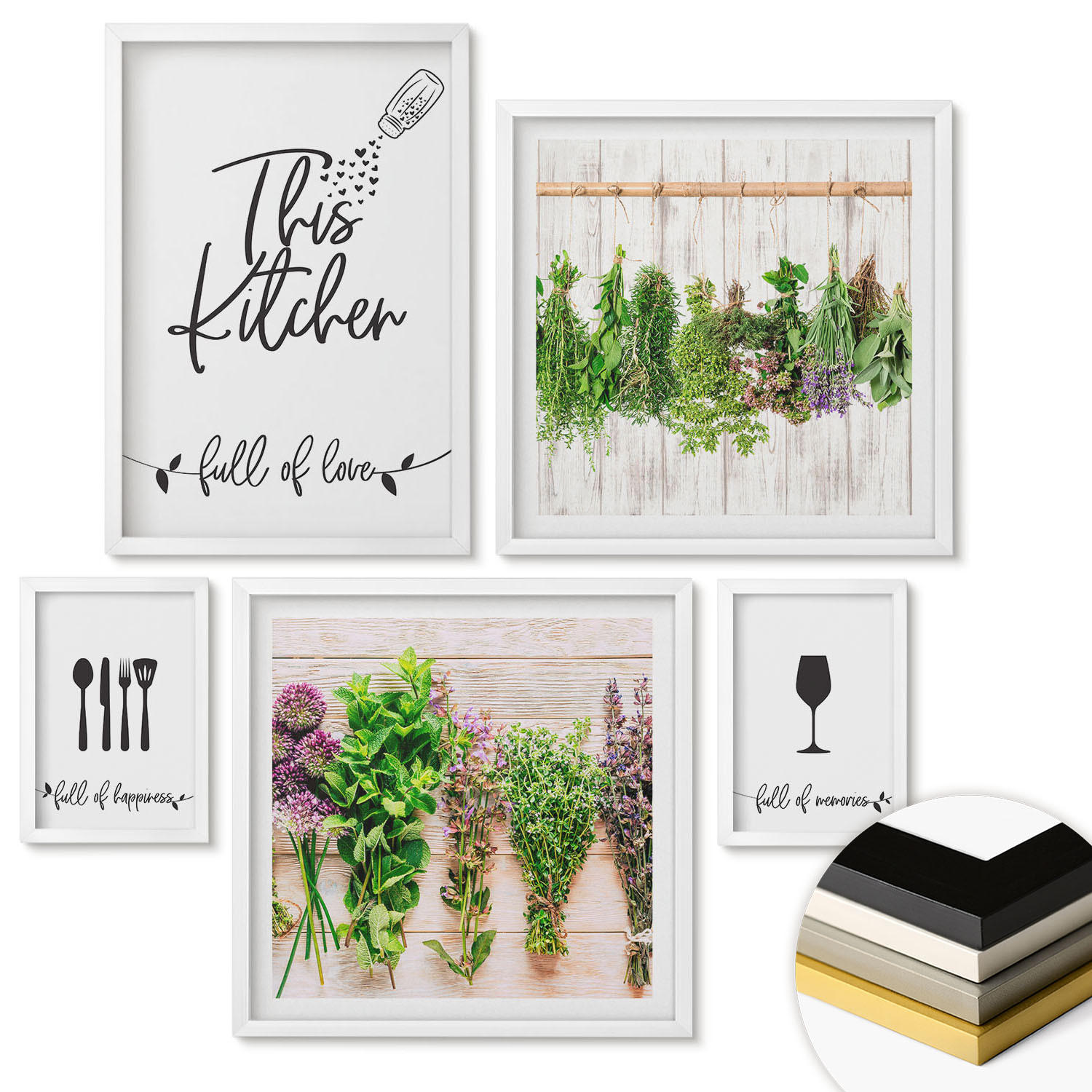 WANDBILDER 5er-Set - 50x50 cm & 20x30 cm & 40x60 cm Weißer Rahmen - Tisch aus Zitronenbaum - Weiß, Kunststoff (40/60cm) - ArtPrintCave