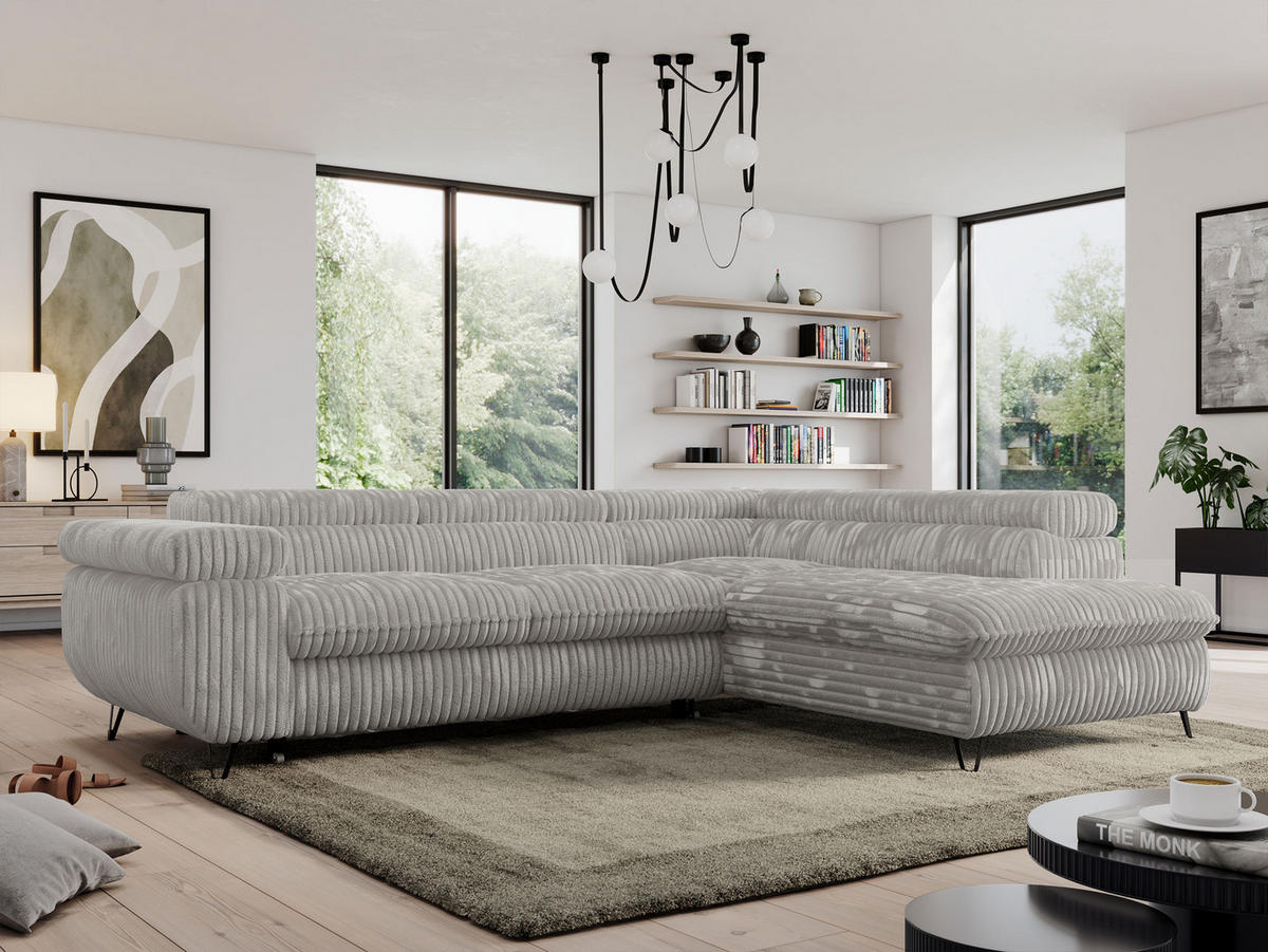 ECKSOFA PEDRO L Hellgrau Cord - Rechts Seite - Hellgrau/Schwarz, Textil/Metall (273/208cm) - MKS