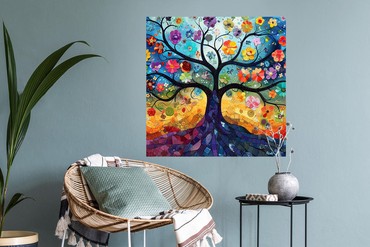 WANDTATTOO Kunst - Baum des Lebens - Blumen - Hippie 50x50 cm - Dunkelblau, Kunststoff (50/50/0.1cm) - MuchoWow