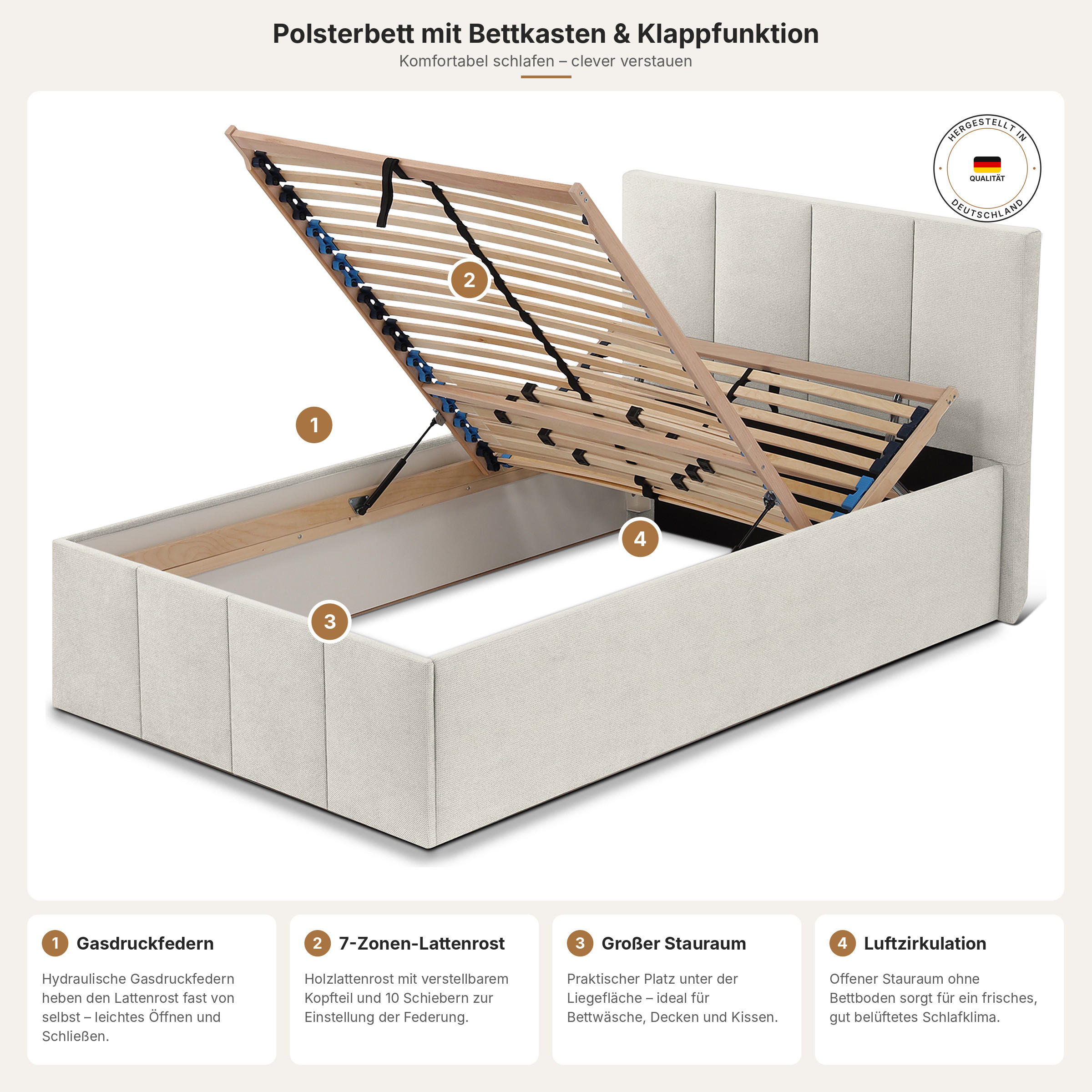 POLSTERBETT Dalas Beige 100 x 200 x 40 cm Bettkasten Mit hochwertiger Matratze H2 (bis 100 kg) und Lattenrost - Beige, Holz (100/200cm) - Halmon Schlafkomfort Betten 