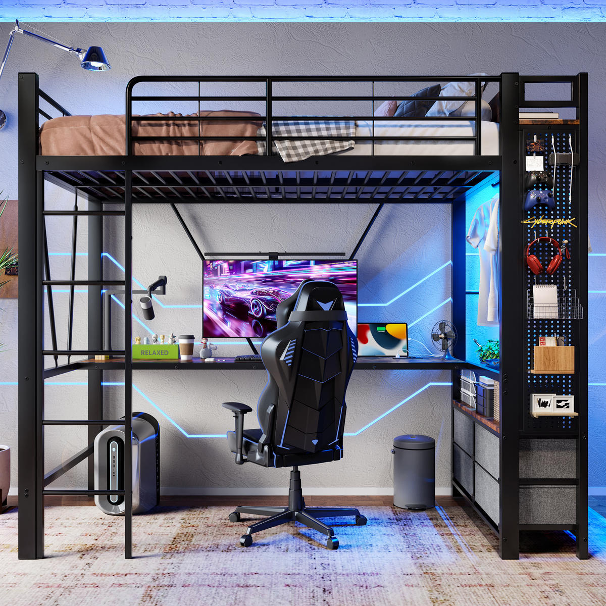 HOCHBETT 90/200 cm Schwarz mit Schreibtisch und LED-Beleuchtung ohne Matratze - Schwarz, Metall (90/200cm) - OKWISH