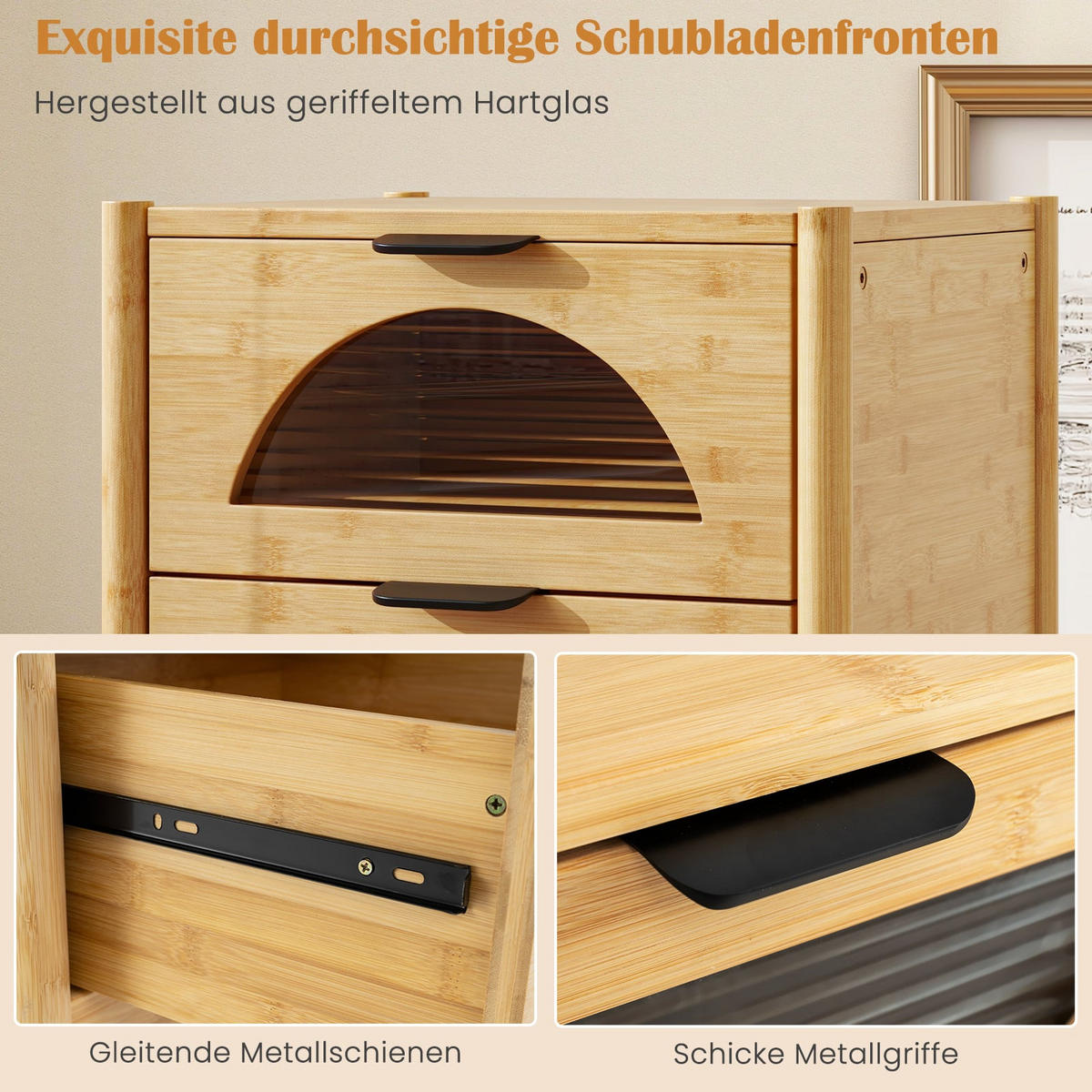 NACHTTISCH mit 2 Schubladen, geriffelte Glasfront, Metallgriff - Naturfarben, Naturmaterialien/Holzwerkstoff (45.7/56/40.6cm) - DESIGN IN