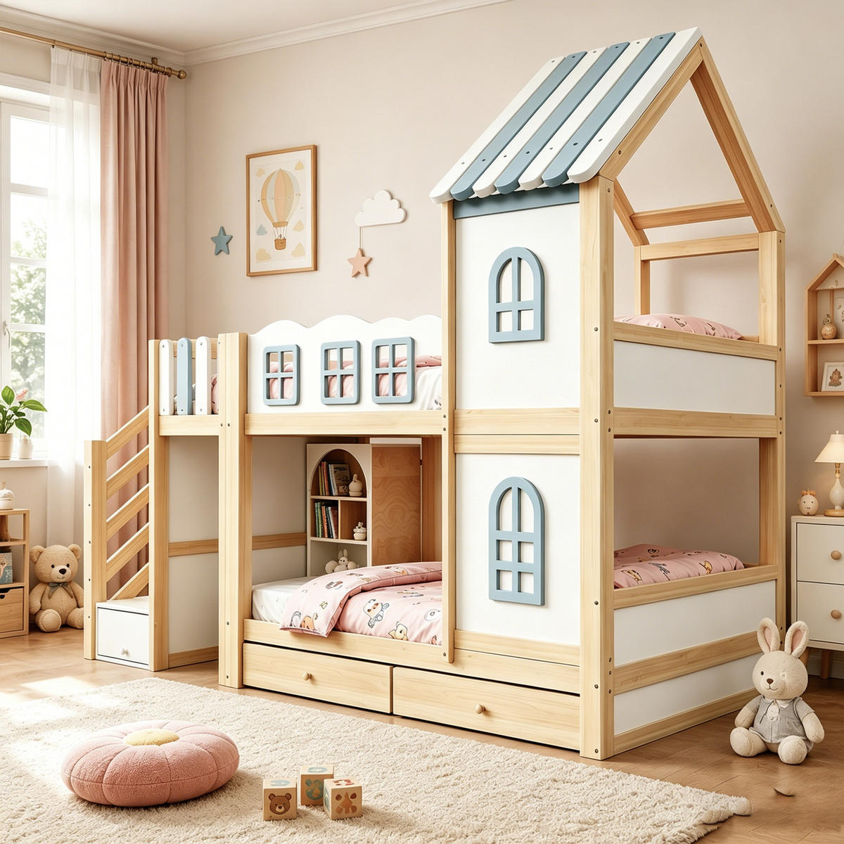 ETAGENBETT 90/200 cm in Weiß/Grau/Holz mit Stauraum, Schubladen und Fenstern - Weiß, Holz/Holzwerkstoff (90/200cm) - WISHDOR