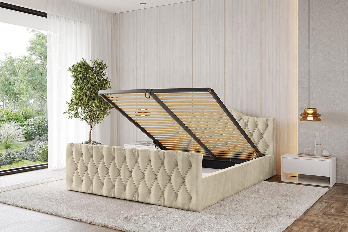 POLSTERBETT mit Bettkasten, Fußteil und Lattenrost, Boxbett ohne Matratze - FALIO-Z-V1 140x200 Beige - Ecru, Holzwerkstoff/Textil (140/200cm) - ALTDECOR