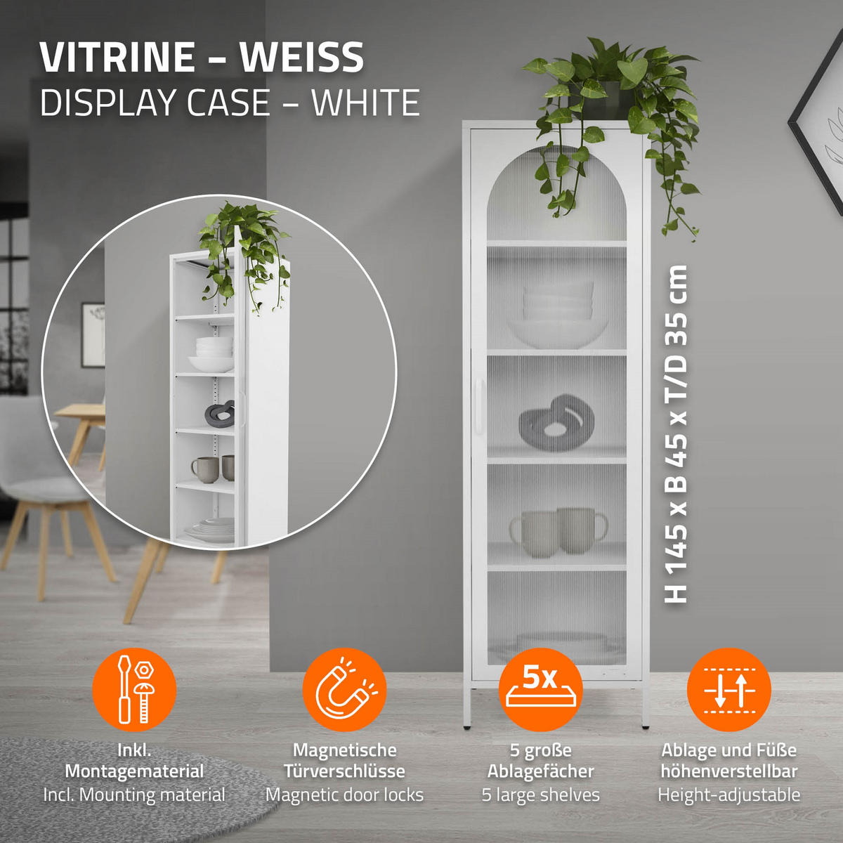 VITRINENSCHRANK 45x145x35 cm Weiß aus Stahl - Weiß, Metall (45/145/35cm) - ML-DESIGN