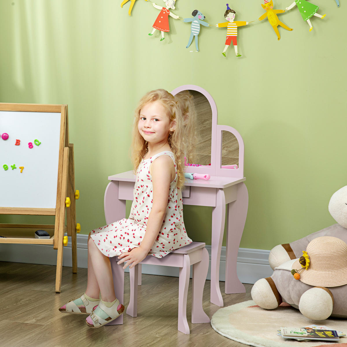 KINDERSCHMINKTISCH DE-18629 3 Spiegel, Schublade & Hocker Pink - Pink, Holzwerkstoff (32/85/52cm) - ComfortXL