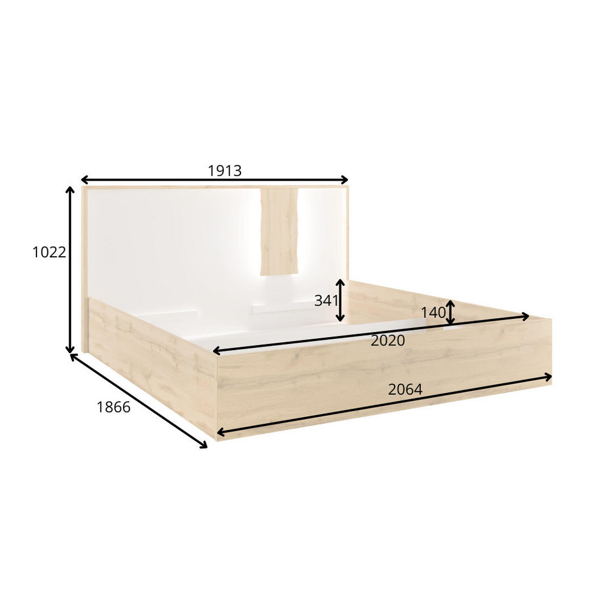 BETT WELORA – 180×200 cm mit Lattenrost, ohne Bettkasten Wotan Eiche / Alpinweiß - Eiche Wotan/Weiß, Holzwerkstoff (180/200cm) - Milaros Markt